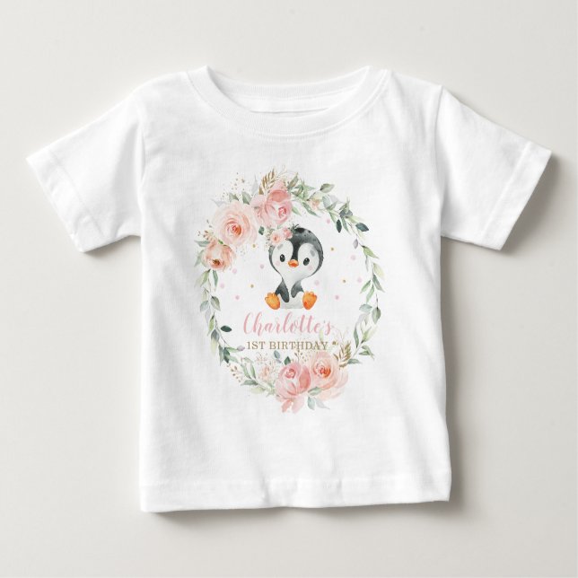 Cute Penguin Blush Floral 1st Birthday Outfit Baby T-Shirt (Front)