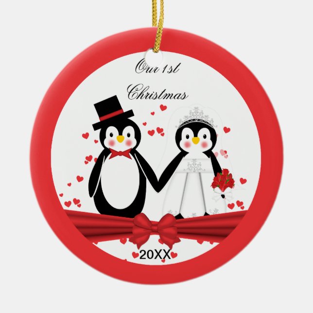 Cute Penguin Bride & Groom Wedding 1st Christmas Ceramic Tree Decoration (Front)
