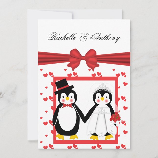 Cute Penguin Bride & Groom Wedding Invitations (Front)