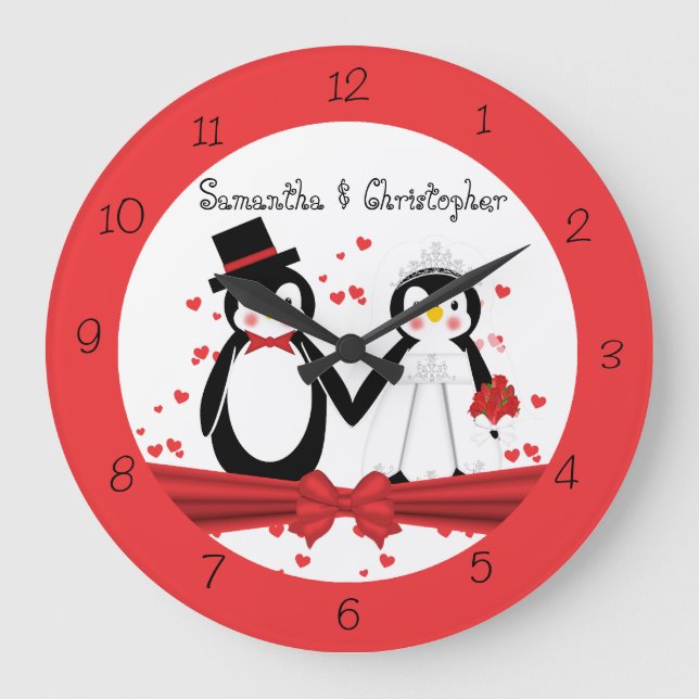 Cute Penguin Bride & Groom Wedding Wall Clock (Front)