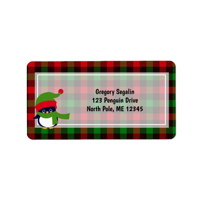 Cute Penguin / Buffalo Plaid / Red Green Christmas Label (Front)