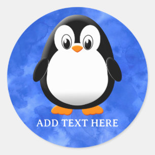 Cute Penguin Cartoon Custom Blue Watercolor Classic Round Sticker