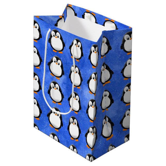 Cute Penguin Cartoon Custom Blue Watercolor Medium Gift Bag (Front Angled)