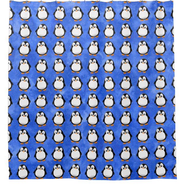 Cute Penguin Cartoon Custom Blue Watercolor Shower Curtain (Front)