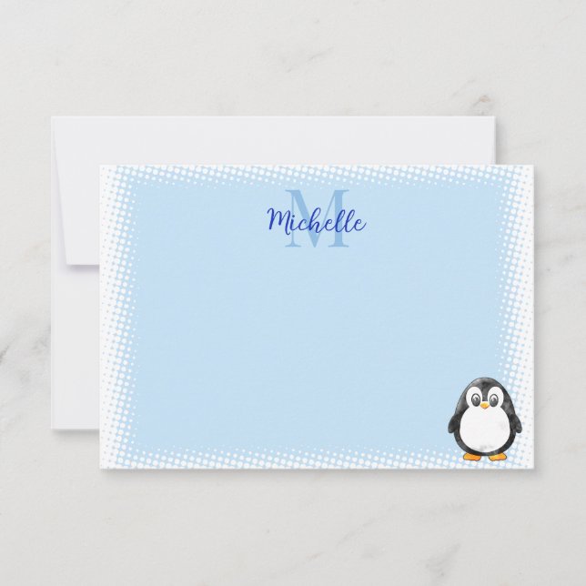 Cute Penguin Cartoon Custom Monogram Blue Card (Front)