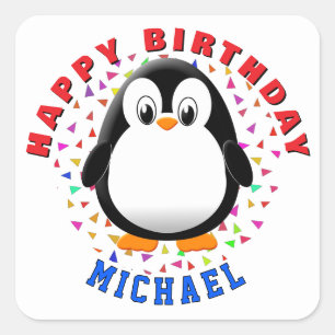Cute Penguin Cartoon Custom Name Birthday Square Sticker