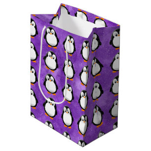 Cute Penguin Cartoon Custom Purple Watercolor Medium Gift Bag