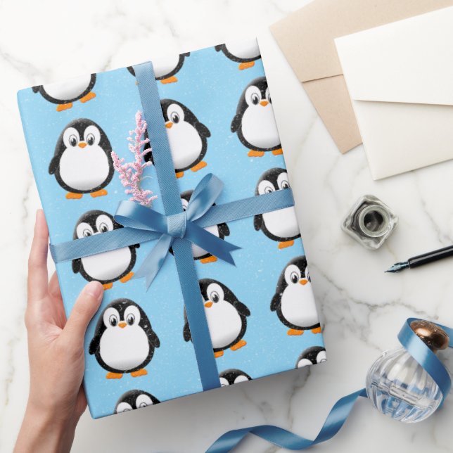 Cute Penguin Cartoon Custom Winter Blue Wrapping Paper (Gifting)