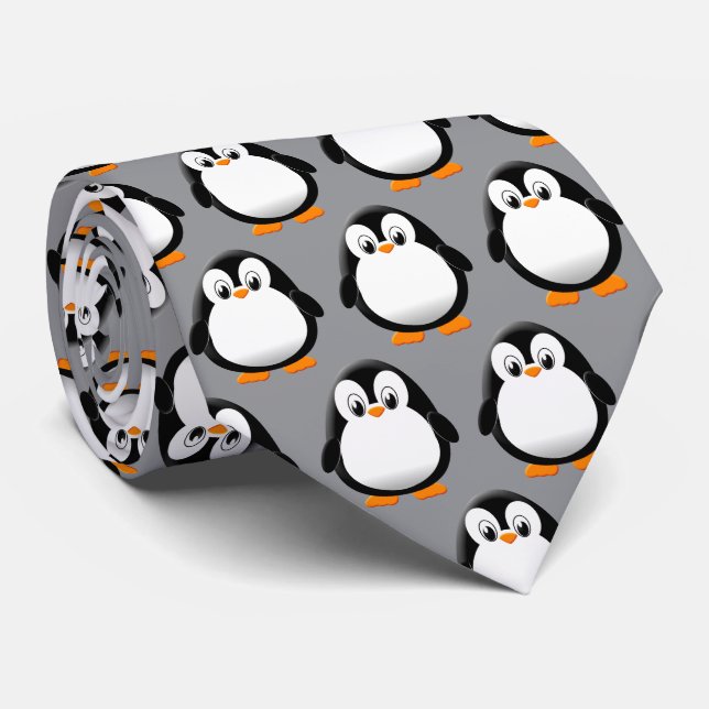Cute Penguin Cartoon Grey  Tie (Rolled)