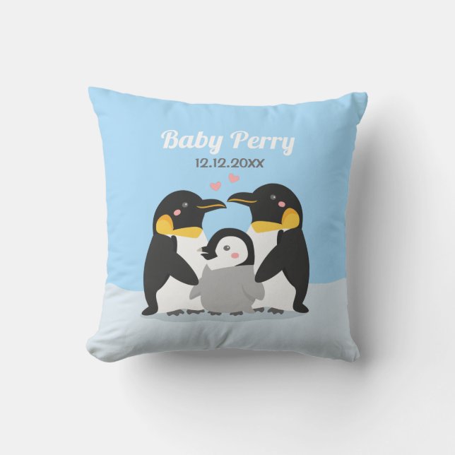 Cute Penguin Chick and Family Baby Nursery Cushion (Front)