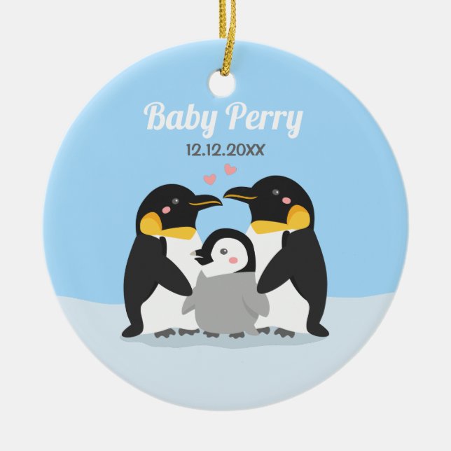 Cute Penguin Chick and Family Personalised Ceramic Tree Decoration (Front)