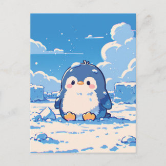 Cute Penguin Chick in Snowy Arctic Landscape Postcard