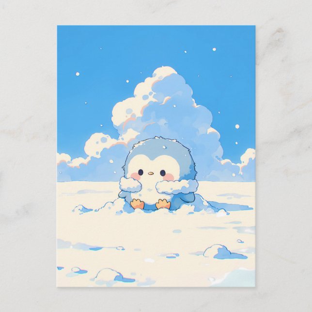 Cute Penguin Chick in Sunny Snowy Landscape Postcard (Front)
