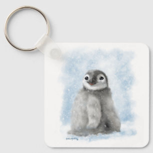 Cute Penguin Chick in the Snow Cartoon Key Ring