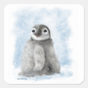 Cute Penguin Chick in the Snow Cartoon Square Sticker