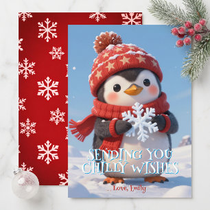 Cute Penguin Chilly Wishes Kids Winter Christmas Holiday Card
