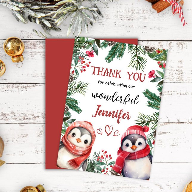 Cute Penguin Christmas 2° Birthday Thank You Card (Creator Uploaded)