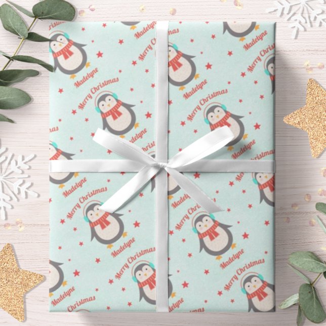 Cute Penguin Christmas Aqua Snow  Personalised Wrapping Paper (Creator Uploaded)