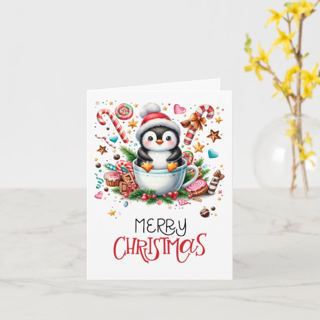 Cute Penguin Christmas Card (Yellow Flower)