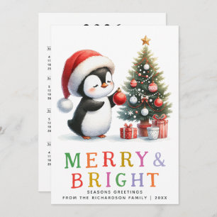 Cute Penguin Christmas Colourful Merry and Bright Holiday Card