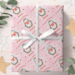 Cute Penguin Christmas Pink Snow Personalised Wrapping Paper<br><div class="desc">This cute Christmas wrapping paper features a penguin snow and stars design. Personalise it with a name.</div>