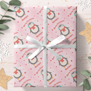Cute Penguin Christmas Pink Snow Personalised Wrapping Paper