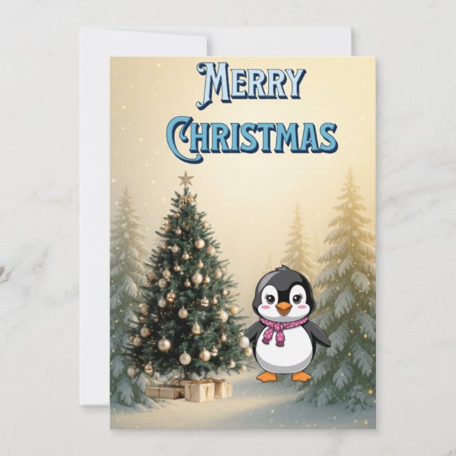 Cute Penguin & Christmas Tree Flat Holiday Card (Front)