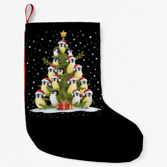 Cute Penguin Christmas Tree Funny Holiday Small Christmas Stocking (Front)