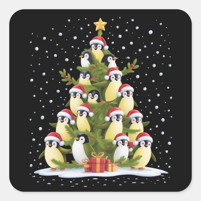 Cute Penguin Christmas Tree Funny Holiday Square Sticker (Front)