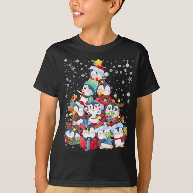 Cute Penguin Christmas Tree Lights Gift Decor Xmas T-Shirt (Front)