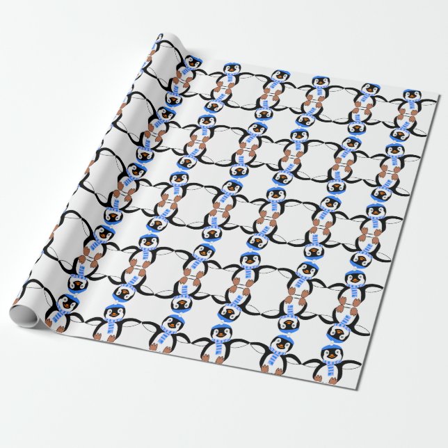 Cute Penguin Christmas Wrapping Paper (Unrolled)