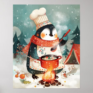 Cute Penguin Cooking Watercolor Winter Nursery Poster