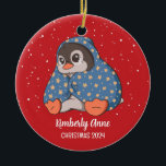 Cute Penguin Cosy Christmas Snowy Winter Holiday Ceramic Tree Decoration<br><div class="desc">Cute cartoon animal ornament for kids and children. Perfect for first Christmas celebration with family. You can customise the text for any occasion.</div>