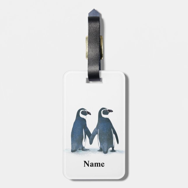 Cute Penguin Couple Holding Hands Luggage Tag (Back Vertical)