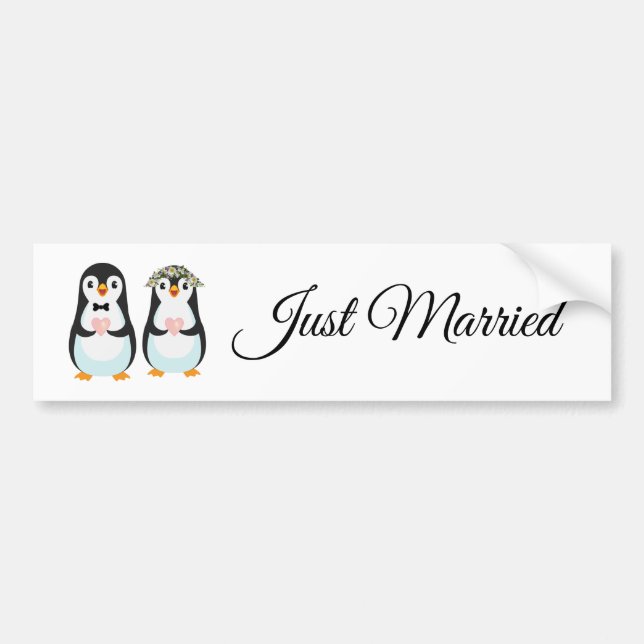 Cute Penguin Couple Just Married Bumper Sticker (Front)
