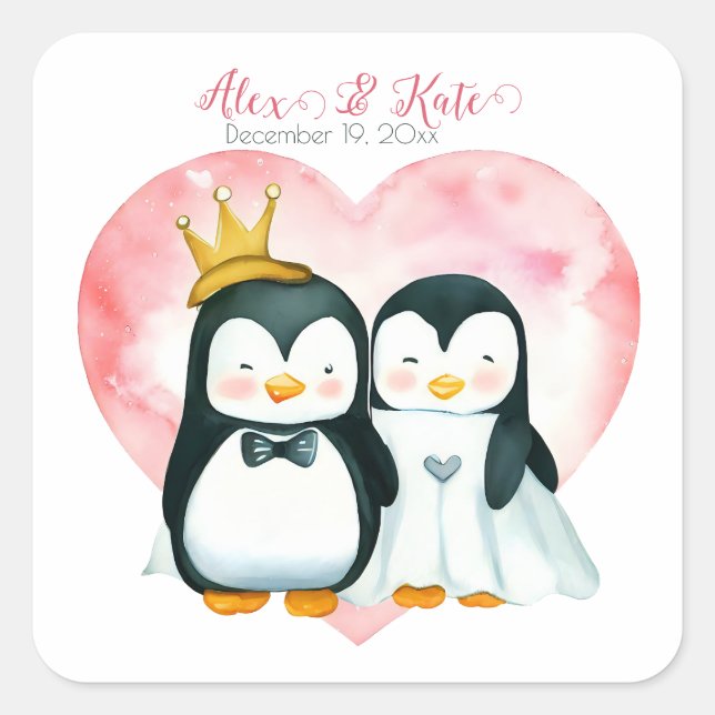Cute Penguin Couple | Romantic Wedding  Square Sticker (Front)