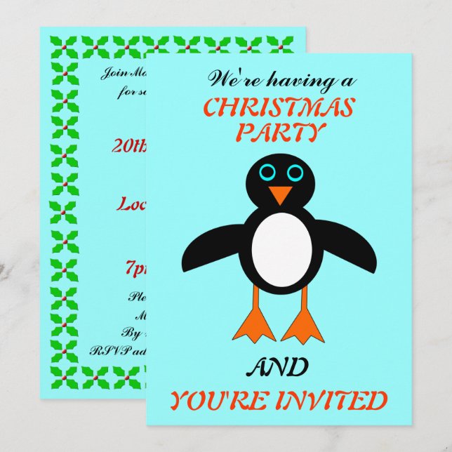 Cute Penguin Custom Christmas Party Invites (Front/Back)