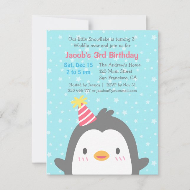 Cute Penguin December Birthday Party Invitations (Front)