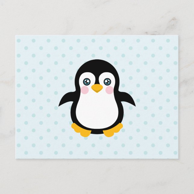 Cute Penguin Design Blue Polka Dot Background Postcard (Front)