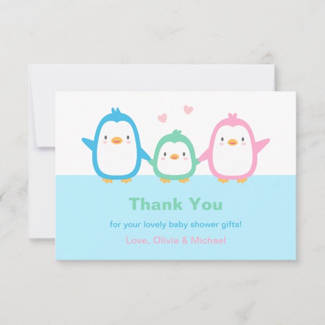 Cute Penguin Family Baby Shower Thank You Cards (Front)