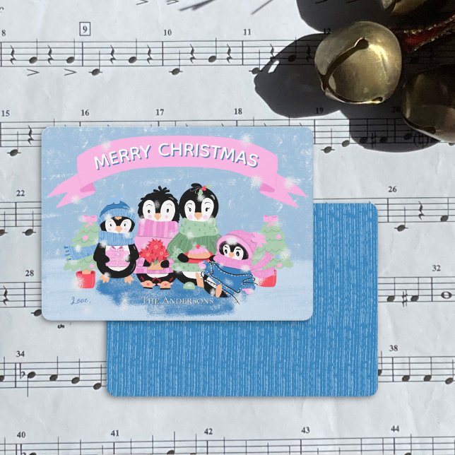Cute Penguin Family Blue Flat Holiday Card (Cute penguin family blue  Christmas card .)