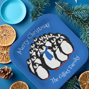 Cute Penguin Family  Christmas Blue Party Plates