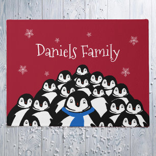 Cute Penguin Family Christmas Personalised Doormat