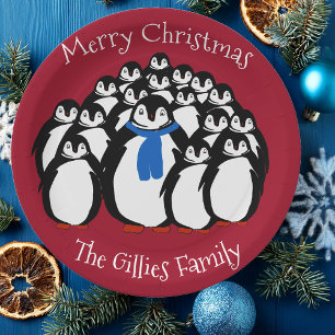 Cute Penguin Family  Merry Christmas Party Plates