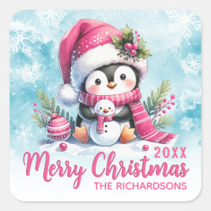 Cute Penguin Family Name Pink Merry Christmas Square Sticker