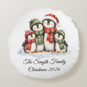 Cute Penguin Family of 4 Custom Christmas Round Cushion