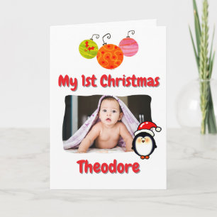 Cute Penguin First Christmas Personalised Baby Card