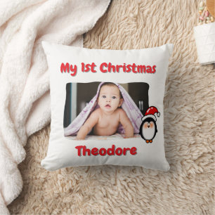Cute Penguin First Christmas Personalised Baby Cushion