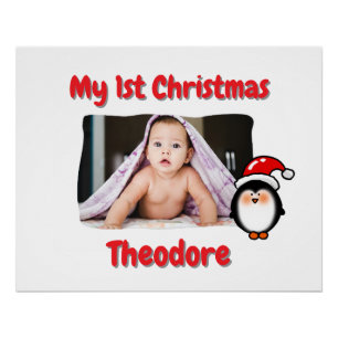 Cute Penguin First Christmas Personalised Baby Poster