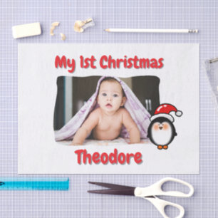 Cute Penguin First Christmas Personalised Baby Tissue Paper